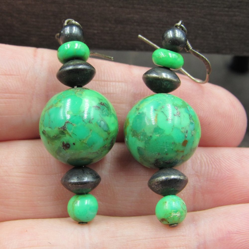 Sterling Silver Large Green Stone Dangle Earrings - Picture 1 of 5